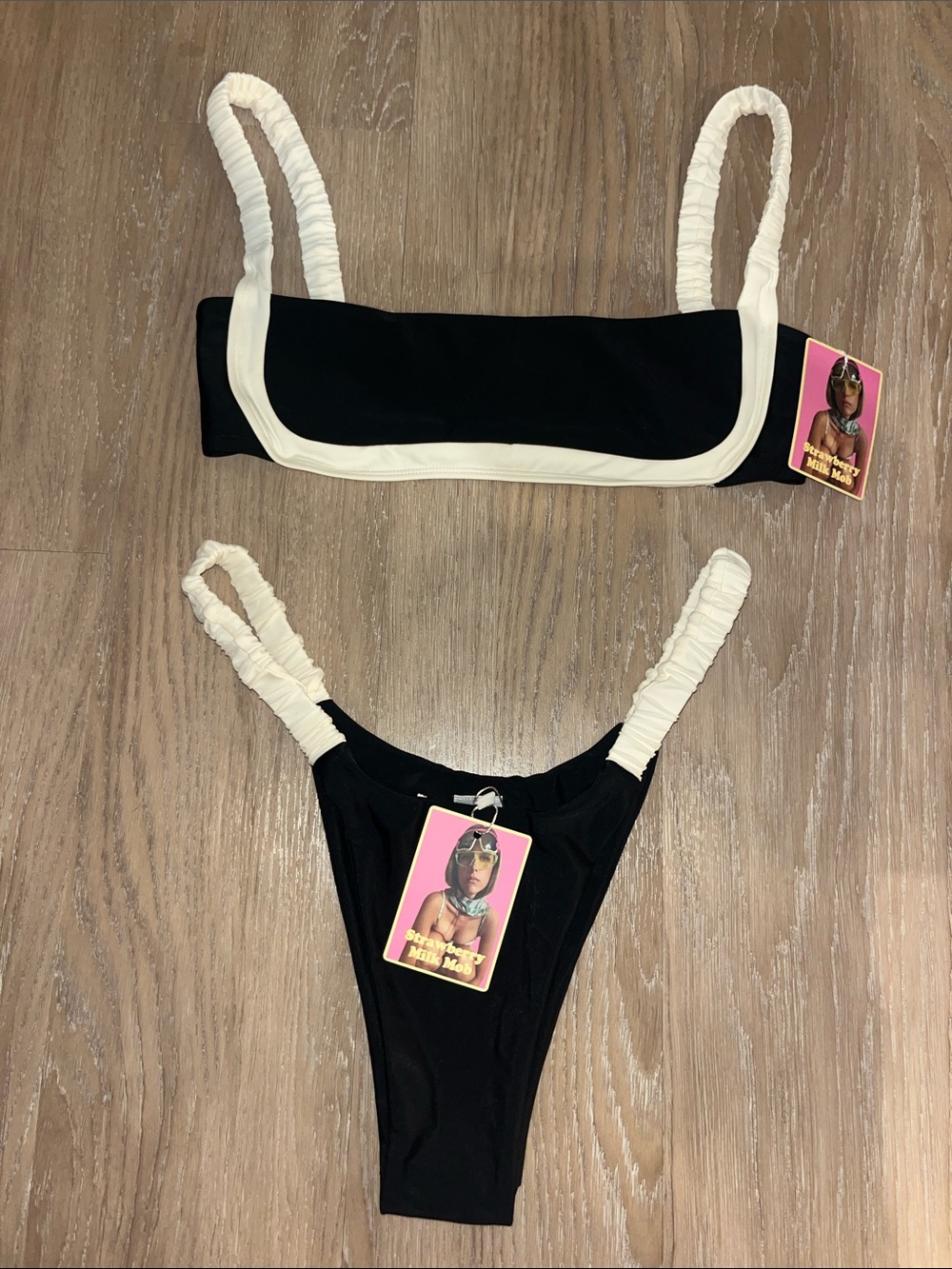 Strawberry Milk Mob Black and Cream Bandeau Bikini Top